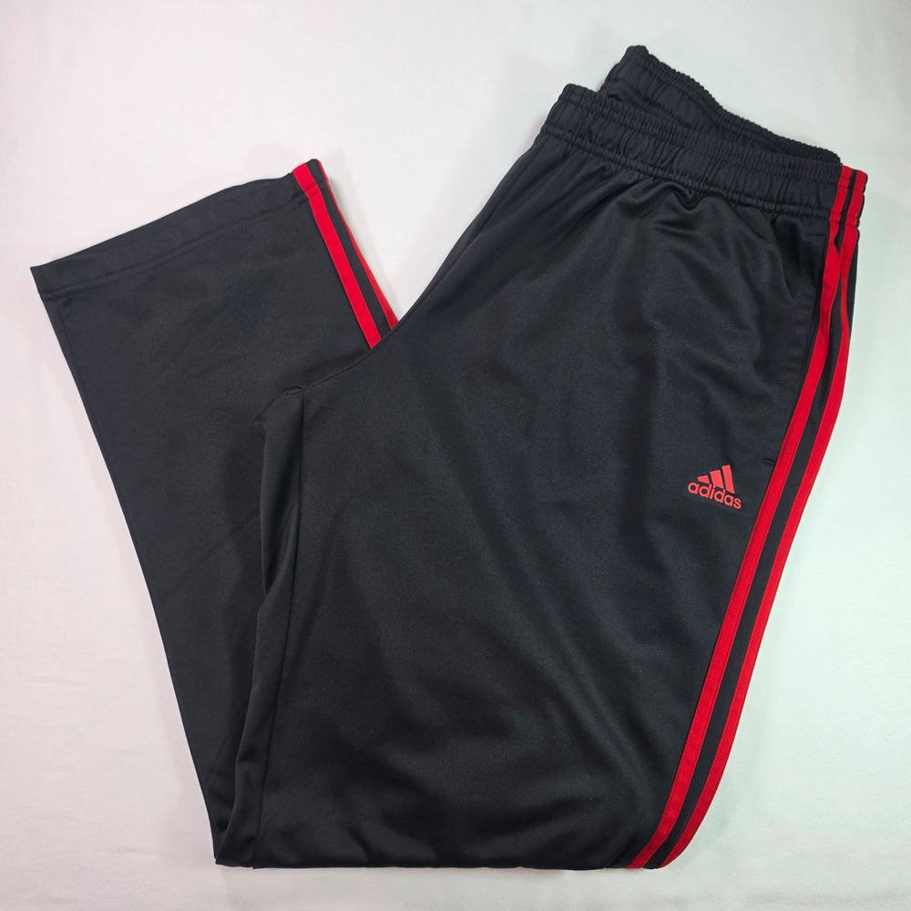 Adidas Track Pants Mens 2XL Black Red 3-Stripes Elastic Waist Athletic CF5074